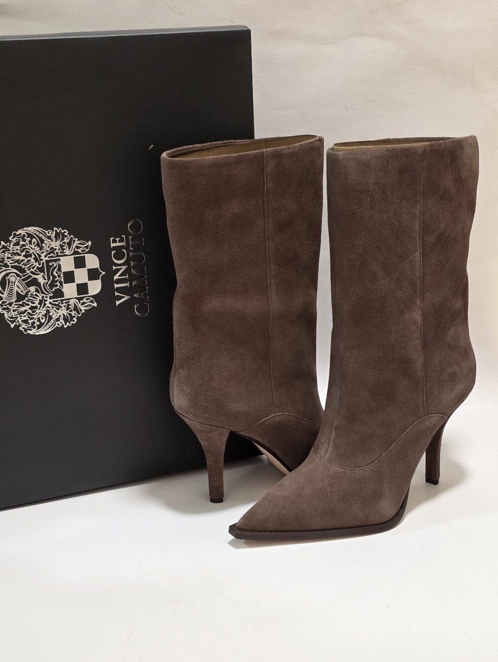 10M Vince Camuto Presca Toasted Taupe Suede Pointed Toe Heeled Boots New